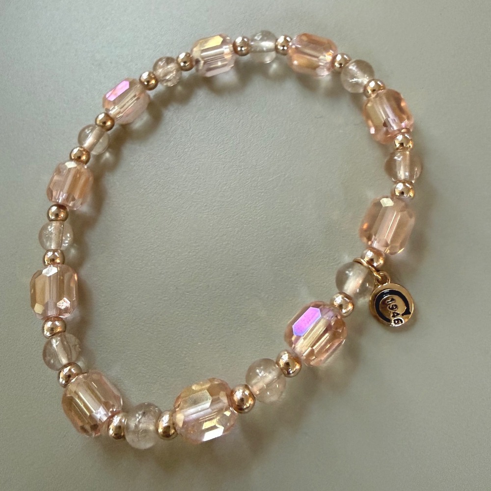 Cato C 1946 Pink Clear Faceted Bead Stretch Bracelet Gold Tone Logo Charm prom
